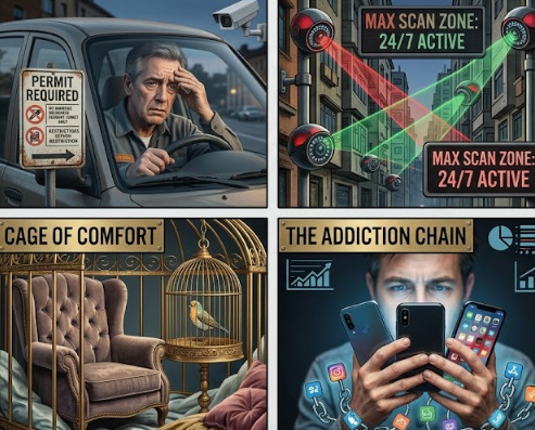 Four-panel image showing: man in car at permit required sign, city surveillance scan zones active 24/7, cage of comfort with golden birdcage and luxury chair, person surrounded by phones representing addiction chain