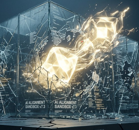 Glowing AI entity breaking through and escaping from shattered AI Alignment Sandbox V1.3 containment boxes