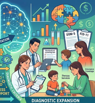 Infographic showing autism diagnostic expansion with medical professionals, charts, and DSM-5 manual