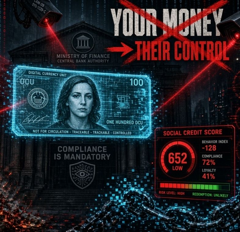 Digital currency showing Your Money crossed out with Their Control, traceable trackable controlled, social credit score, compliance is mandatory