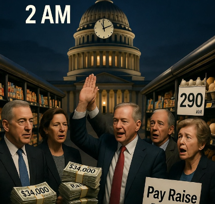 Politicians celebrating at 2 AM in front of Capitol building with stacks of money and Pay Raise signs