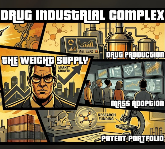 Drug industrial complex diagram showing weight supply, drug production, mass adoption, research funding and patent portfolio