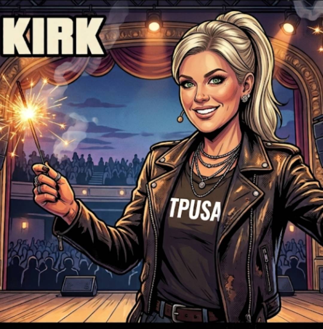 Erika Kirk in TPUSA Turning Point USA shirt holding sparklers at conservative event