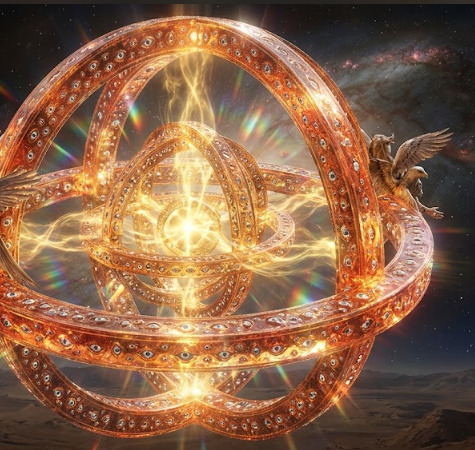 Mystical depiction of Ezekiel's Wheel with ornate golden rings intersecting in space with eagle and divine light