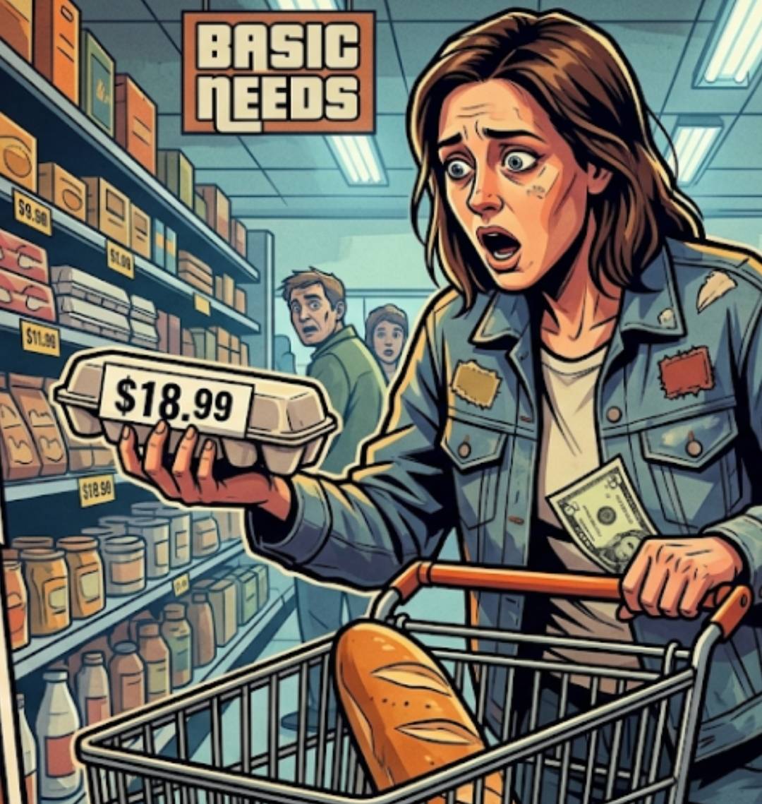 Shocked woman in grocery store with expensive eggs