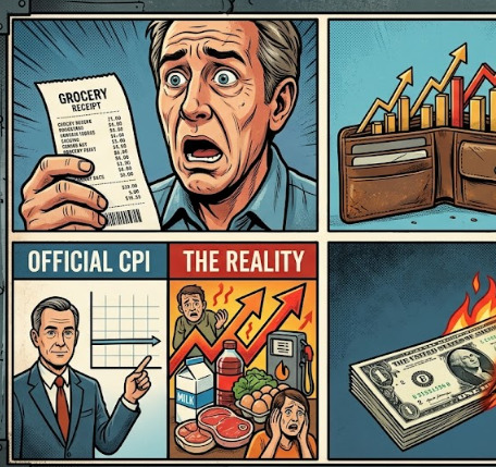 Official CPI versus reality showing shocked person with expensive grocery receipt and burning money