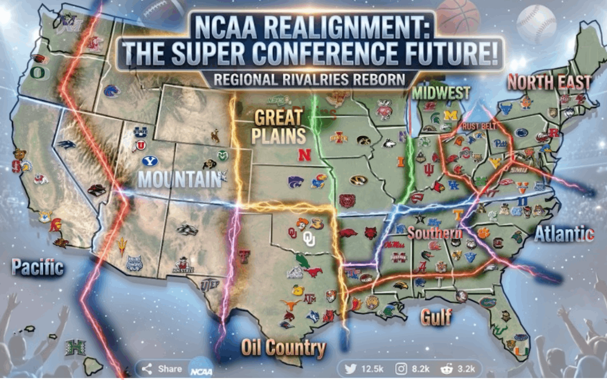 NCAA Realignment map showing 10 regional super conferences - Mountain Pacific Oil Country Great Plains Midwest Rust Belt Southern Gulf Atlantic North East - The Super Conference Future - Regional Rivalries Reborn