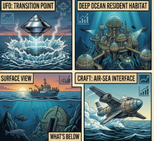 UFO transition point entering ocean, deep ocean resident habitat showing underwater city, surface view with ships, craft air-sea interface, mysterious deep ocean creatures