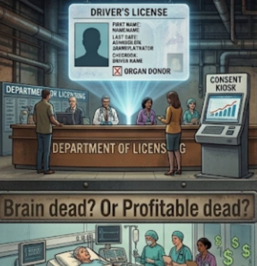 Organ donor checkbox vs operating room with dollar signs - Brain dead or profitable dead