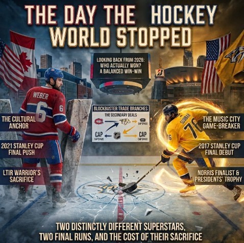 The Day The Hockey World Stopped - Split image showing Shea Weber in Montreal Canadiens jersey (Cultural Anchor, 2021 Cup Final) and P.K. Subban in Nashville Predators jersey (Music City Game-Breaker, 2017 Cup Final) with blockbuster trade details - Two distinctly different superstars, two final runs, and the cost of their sacrifice