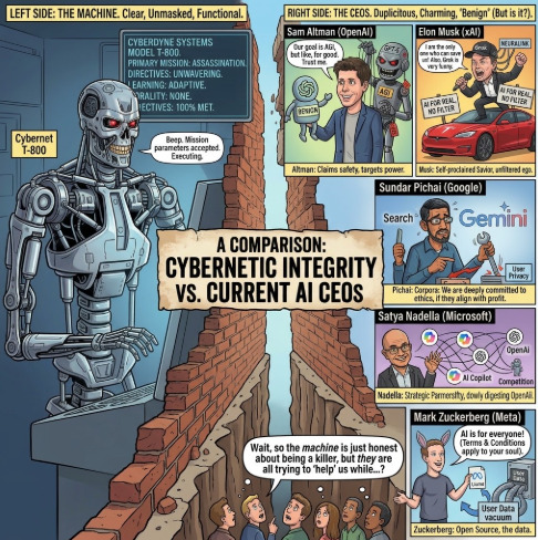 Comparison between Terminator T-800 (honest killer) and modern AI CEOs