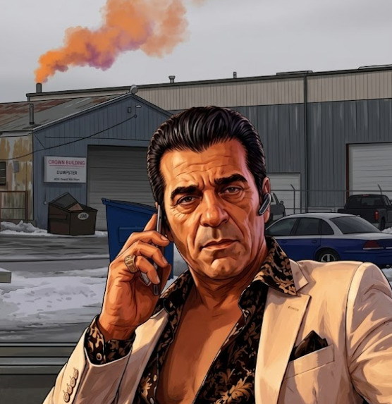 Man on phone with orange toxic smoke billowing from industrial recycling facility