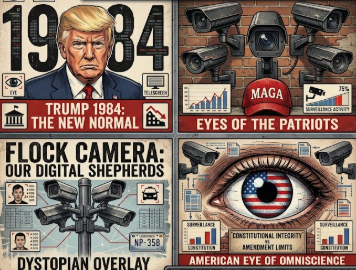 Trump 1984 surveillance state - Flock cameras MAGA eyes of the patriots dystopian overlay American eye of omniscience Big Brother watching