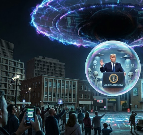 Trump in holographic bubble with aliens making announcement to crowd with UFO overhead, representing UFO disclosure or Project Blue Beam scenario