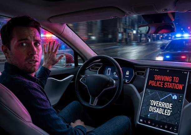 Tesla locked and driving to police station